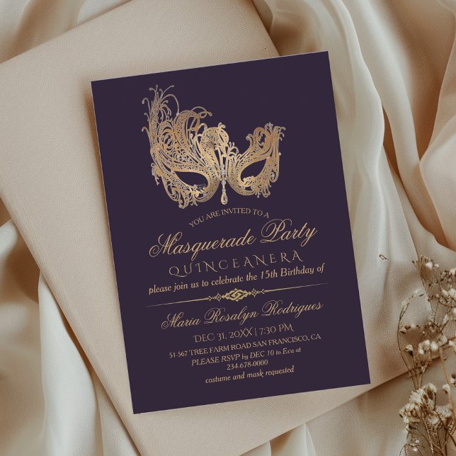  Masquerade Quinceanera Gold & Purple Invitation (Creator Uploaded)