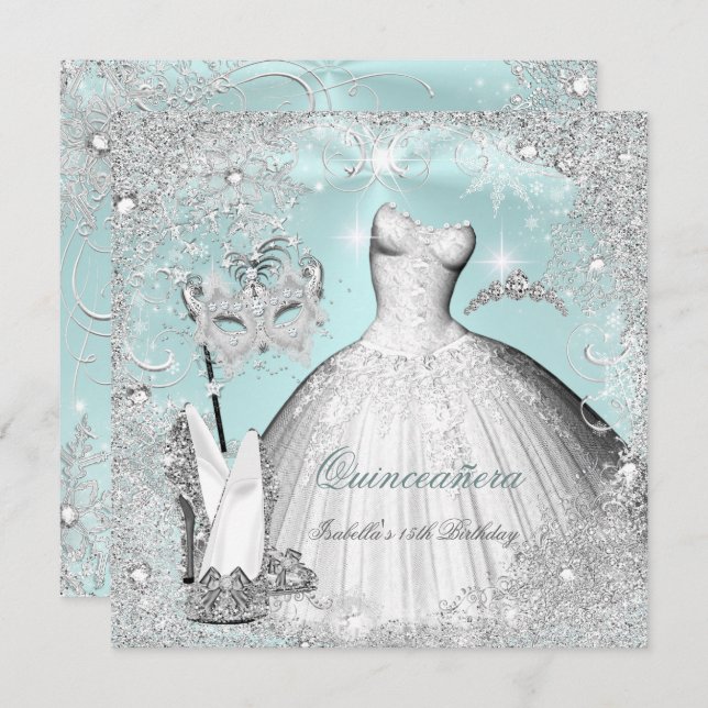 Masquerade Quinceanera Mint Blue Silver Snowflakes Invitation (Front/Back)