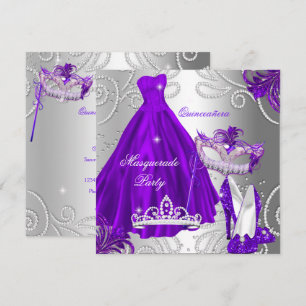 Masquerade Quinceanera Party Purple Silver Dress Invitation