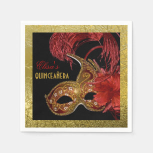 Masquerade Quinceañera party red, faux gold foil Napkin
