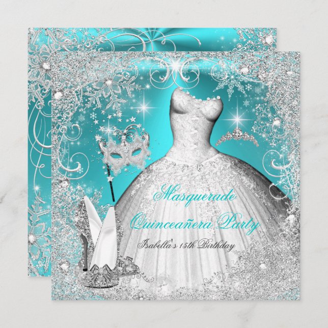 Masquerade Quinceanera Party Teal White Snowflake Invitation (Front/Back)