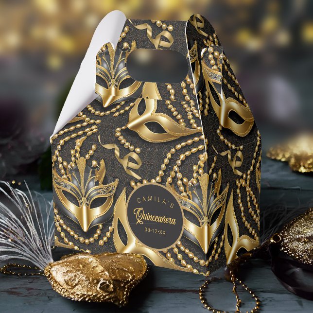 Masquerade Quinceanera Pattern Black Gold ID1031 Favor Box (Creator Uploaded)