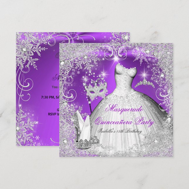 Masquerade Quinceanera Purple Silver Snowflakes Invitation (Front/Back)