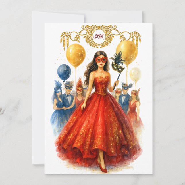 Masquerade Quinceañera Ruby Red Gold Ball Gown Invitation (Front)