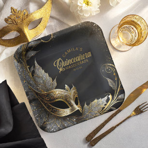 Masquerade Quinceañera Welcome Black Gold ID1031 Paper Plate