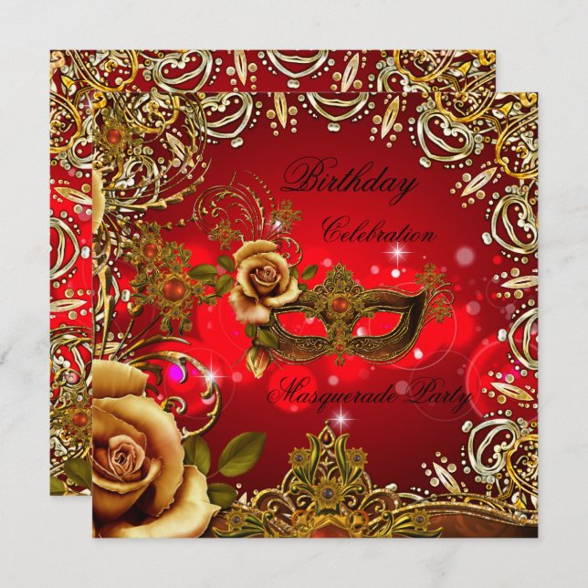 Masquerade Red Gold Mask Birthday Party Invitation (Front/Back)