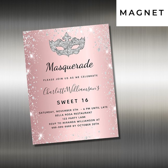 Masquerade rose argent Sweet 16 aimant invitation (Créateur téléchargé)