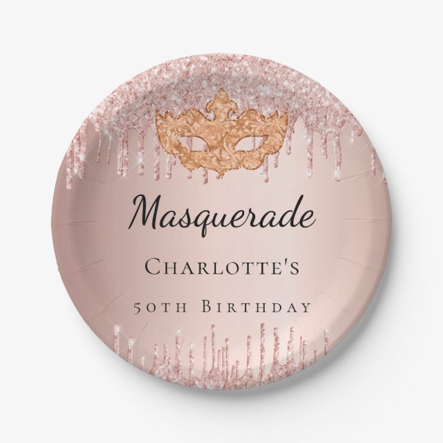 Masquerade rose gold drips birthday party paper plate (Front)