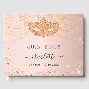 Masquerade rose gold glitter birthday party guest book