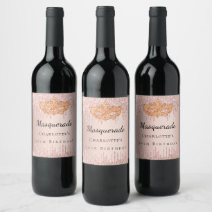 Masquerade rose gold glitter drips birthday party wine label