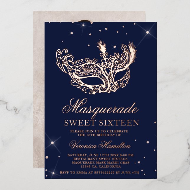 Masquerade rose gold glitter mask Sweet 16 photo (Front/Back)