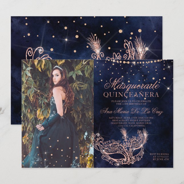 Masquerade rose gold glitter quinceanera photo invitation (Front/Back)
