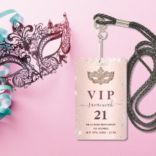 Masquerade rose gold silver glitter vip invitation badge