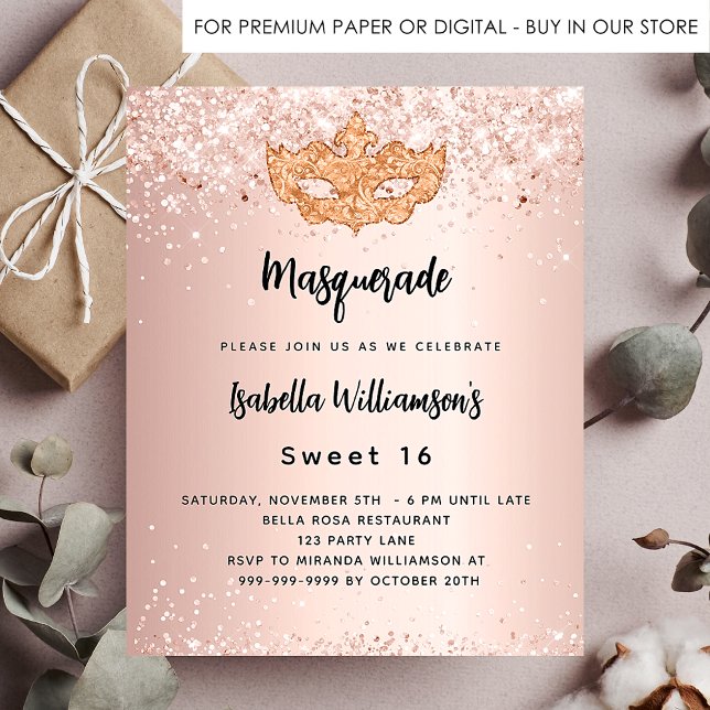 Masquerade rose gold Sweet 16 budget invitation Flyer (Creator Uploaded)