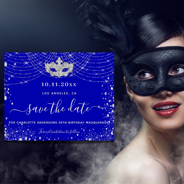 Masquerade royal blue silver budget save the date flyer (Creator Uploaded)