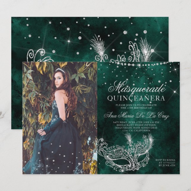 Masquerade silver glitter green quinceanera photo invitation (Front/Back)