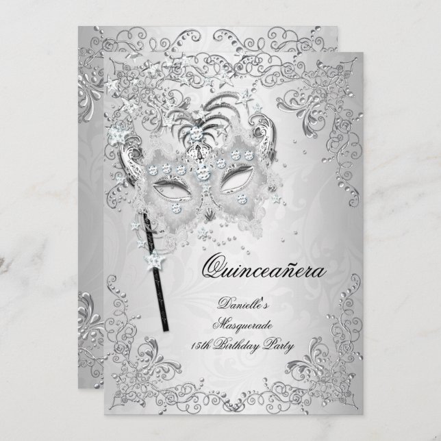 Masquerade Silver Quinceanera 15th Birthday Invitation (Front/Back)