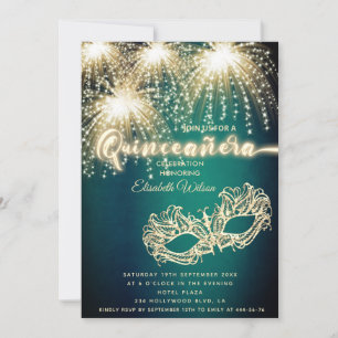  Masquerade sparkling firework luxury Quinceañera  Invitation