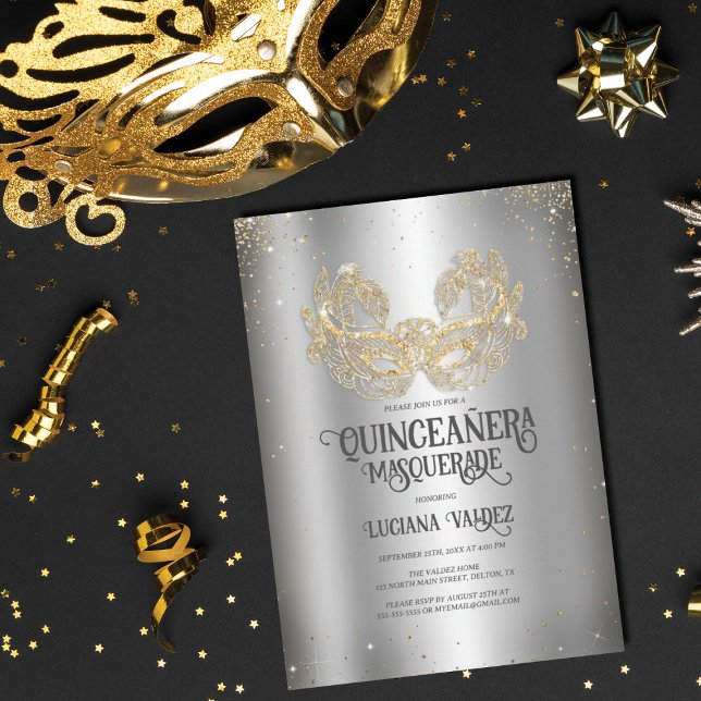 Masquerade Sparkly Gold Glitter Silver Quinceañera Invitation (Creator Uploaded)
