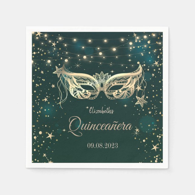 Masquerade,Stars Green Quinceañera   Napkin (Front)