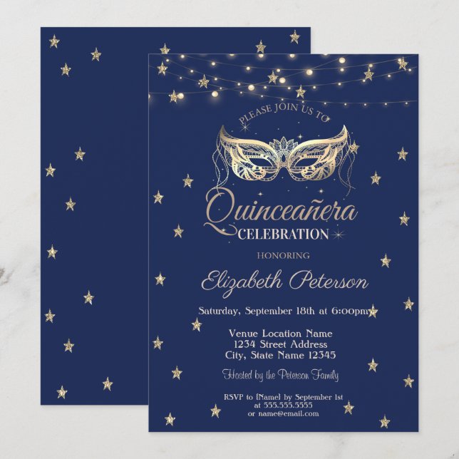 Masquerade,String Lights,Gold Stars  Quinceañera Invitation (Front/Back)