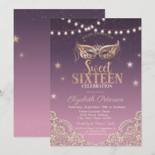 Masquerade,String Lights,Lace Sweet 16 Invitation