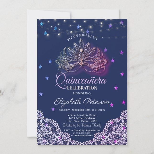 Masquerade,String Lights,Stars,Lace Quinceañera Invitation (Front)