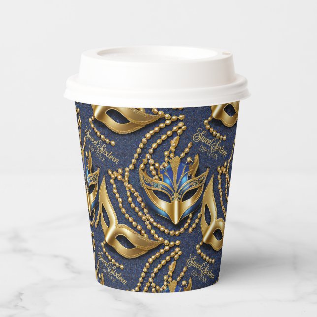 Masquerade Sweet 16 Beads Masks Blue ID1032 Paper Cups (Front)