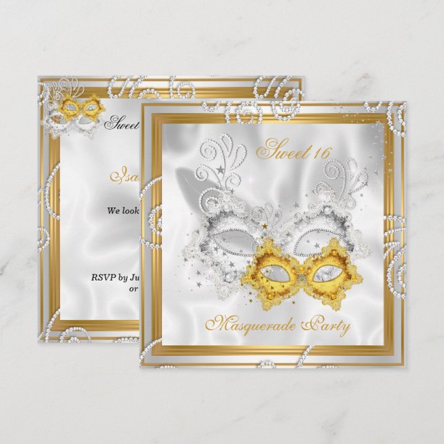 Masquerade Sweet 16 Party Mask Silver Gold 2 Invitation (Front/Back)