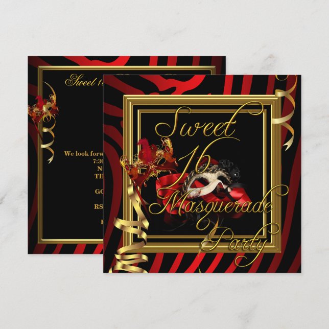 Masquerade Sweet 16 Sweet Sixteen Zebra Red Invitation (Front/Back)