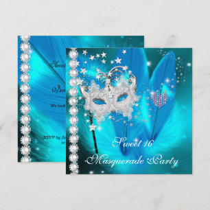 Masquerade Sweet 16 Teal Black Feather Mask 2 Invitation