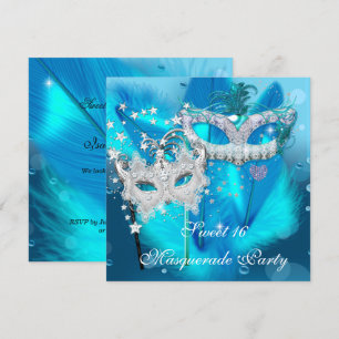 Masquerade Sweet 16 Teal Blue Feather Mask 3 Invitation