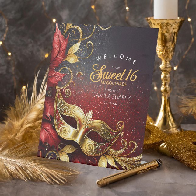 Masquerade Sweet 16 Welcome Red Gold ID1032 Pedestal Sign (Creator Uploaded)