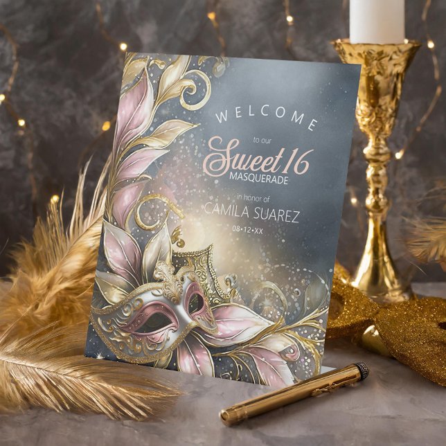 Masquerade Sweet 16 Welcome Rose Gold ID1032 Pedestal Sign (Creator Uploaded)