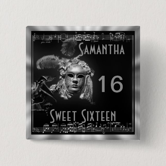 Masquerade sweet sixteen 2 inch square button (Front)