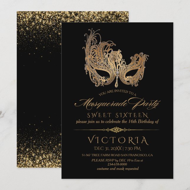  Masquerade Sweet Sixteen Gold Mask  Invitation (Front/Back)