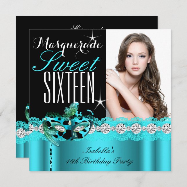 Masquerade Sweet Sixteen Sweet 16 Teal photo 2 Invitation (Front/Back)