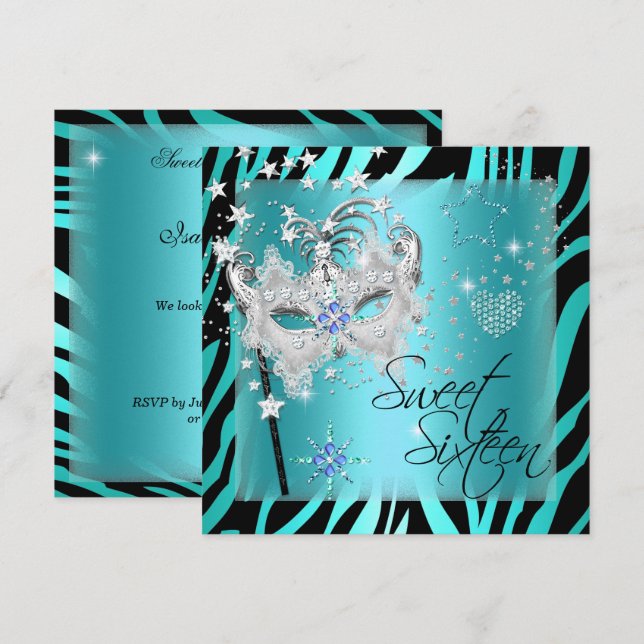 Masquerade Sweet Sixteen Sweet 16 Teal Zebra Invitation (Front/Back)