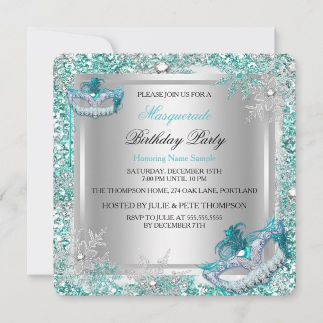 Masquerade Teal Silver Snowflakes Masks Party Invitation (Front)