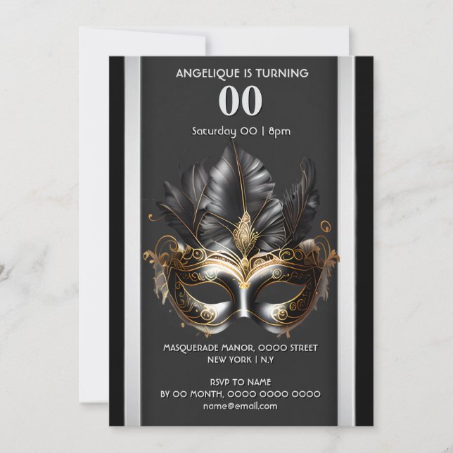 Masquerade theme carnival black silver feather mas invitation (Front)