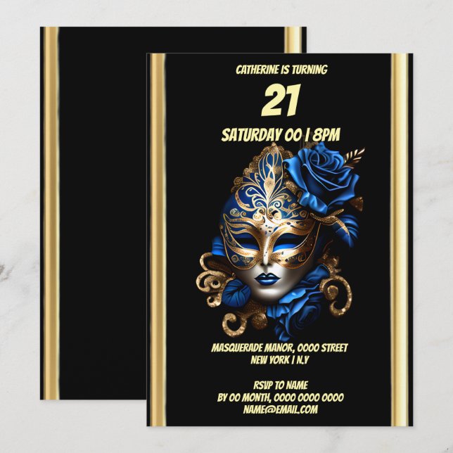 Masquerade theme carnival blue gold mask masked invitation (Front/Back)