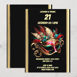 Masquerade theme carnival blue gold teal mask invitation