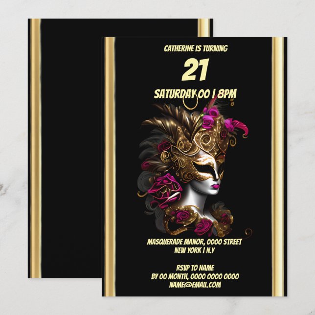 Masquerade theme carnival fuchsia gold mask masked invitation (Front/Back)