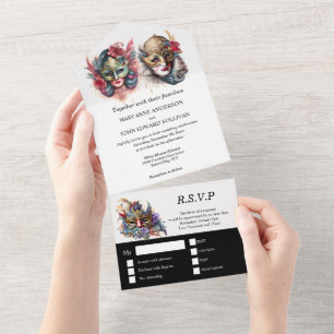 Masquerade wedding   bride groom venetian masks  all in one invitation