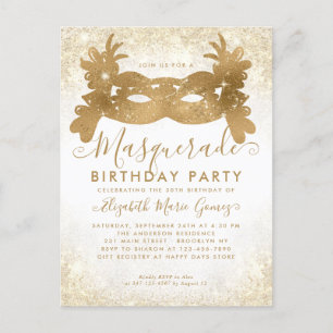 Masquerade White Gold Glitter Dust Birthday Party Postcard