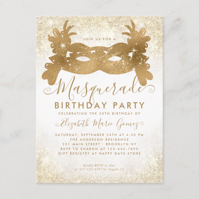 Masquerade White Gold Glitter Dust Birthday Party Postcard (Front)