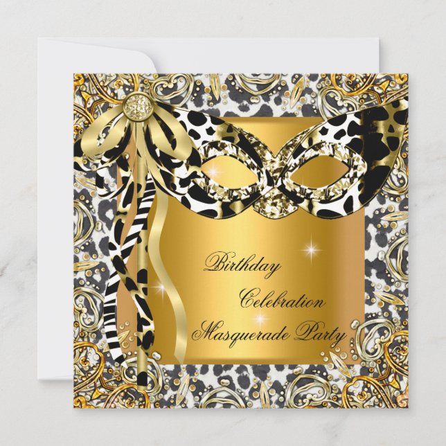 Masquerade Wild Black White Gold Mask Birthday Invitation (Front)
