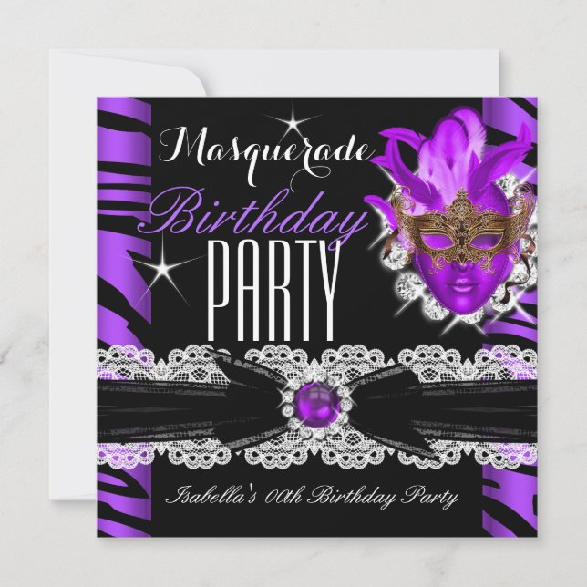 Masquerade Zebra Purple Birthday Party Invitation (Front)