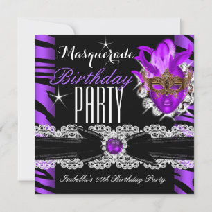 Masquerade Zebra Purple Birthday Party Invitation