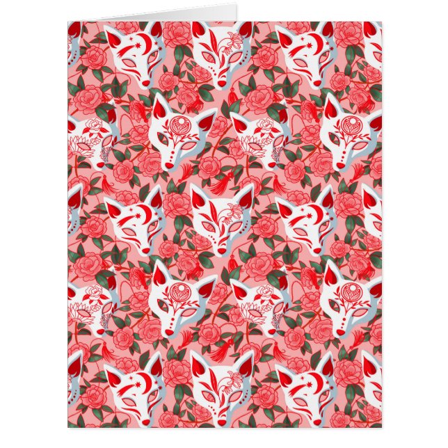 Masques Kitsune et camélia fleurie sur la postcar  (Devant)